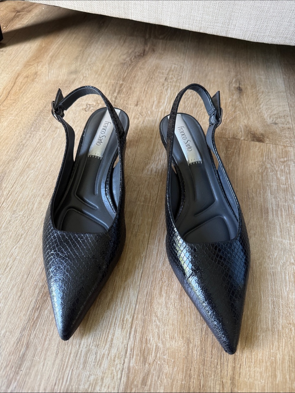 Franco Sarto Black Faux-Snakeskin Pointed Slingback Kitten Heels - Picture 4 of 7